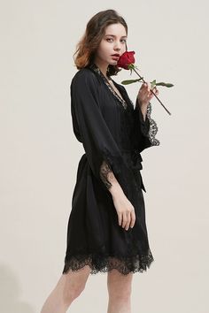 Silk Long Lace Trimmed Robe Sleepwear Loungewear - chiclara Black Fitted Elegant Robe, Elegant Fitted Black Robe, Elegant Black V-neck Robe, Black Long Sleeve Robe For Wedding Night, Elegant Fitted Robe For Night, Elegant Fitted Night Robe, Elegant Long Sleeve Robe With Lace Trim, Elegant Long Sleeve Night Robe, Lace Pajamas