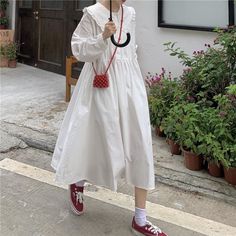 Casual Oversized Kawaii midi Dress with Peter Pan Collar ONE SIZE Bust 120cm Length 108cm Peter Pan Collar Dress Outfit, Collar Outfits, Dress With Peter Pan Collar, Hooded Sweater Coat, Style Kawaii, Fairy Dresses, Cottagecore Fashion, Kawaii Dress