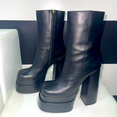 Versace 155mm Platform Boots ( Brand New ) Sz 39 1/2 Leather Heeled Boots With Chunky Platform For Party, Leather Chunky Platform Heeled Boots For Party, Leather Chunky Platform Boots For Evening, Chic Closed Toe Platform Boots With Chunky Platform, Bold High Heel Platform Boots, Elegant Leather Platform Boots With Chunky Platform, Elegant Leather Platform Boots With Chunky Sole, Formal Leather Platform Boots With Chunky Platform, Formal Boots With Chunky Platform Block Heel