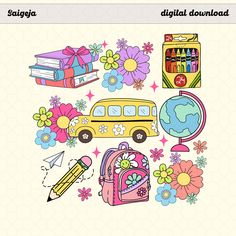 the back to school sticker is shown with flowers, books, and backpacks