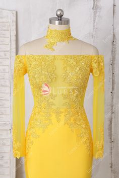 Bright Yellow Sheer Long Sleeve Off-the-shoulder Lace Jersey Mermaid Long Prom Dress - Lunss Couture Lace Gown Designs, Yellow Choker, Long Sleeve Prom Dress, Sleeve Prom Dress, Custom Made Prom Dress, Elegant Choker, Yellow Glitter, Long Sleeve Prom, Sheer Long Sleeve