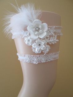 White Lace Wedding Garter Set, Rustic Lace Bridal Garter, Floral Multi-Media Garters, Rhinestones, S White Bridal Belt For Bride, White Fitted Bridal Belt For Ceremony, White Rhinestone Bridal Accessories For Ceremony, White Bridal Accessories With Rhinestones For Ceremony, Fitted Embellished Bridal Accessories For Party, Embellished Fitted Bridal Belt, White Fitted Bridal Accessories, Fitted White Bridal Accessories, Embellished Fitted Bridal Belt For Wedding