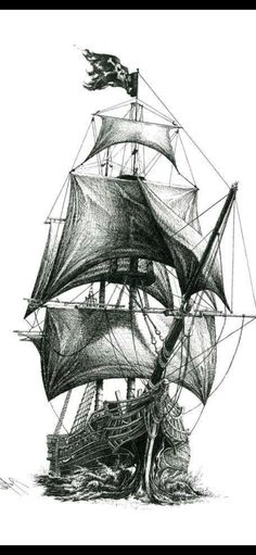 a black and white drawing of a pirate ship with an american flag on it's mast