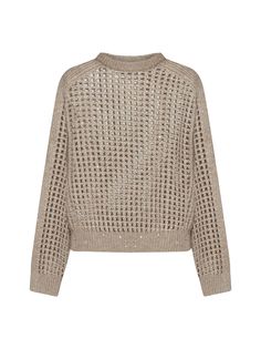 Crewneck sweater in wide-knit, wool blend with sequin appliqu lurex thread, and long cuffed sleeves. Composition: 41% wo, 39% ws, 9% wm, 8% pa, 3% plComposition: ->wool, 52% Wool Or Fine Animal Hair->cashmere, 39% Wool Or Fine Animal Hair->mohair, 9% | Brunello Cucinelli Women's Lurex Sequin Sweater in Noce/Brown Caldo | FW23/24 Brunello Cucinelli Women, Sequin Sweater, Mohair Wool, Brown Sweater, Open Knit, Crochet Fashion, Knit Jumper, Brunello Cucinelli, Knitwear Women