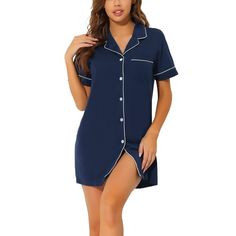 Great for loungewear, nightwear, sleepwear, home bedroom, and daily wear. This loungewear pajama shirt dress for women is constructed of soft fabric, which is comfy, breathable, and skin friendly and makes the pajamas convenient to take on/off and keep you pretty and comfortable all day. Featuring a mini-length shirt dress and a notched lapel design, the pajamas make you feel cozy all night, and enjoy a comfortable sleep and sweet dream. No matter the cozy bedtime, casual home relaxation, laze a Shirt Dress For Women, Loungewear Dress, Lapel Design, Womens Pajama, One Piece Clothing, Pajama Dress, Night Dress For Women, Casual Home, One Piece Pajamas