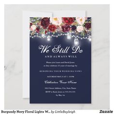 an elegant wedding reception card with mason jars and flowers on the front, in burgundy