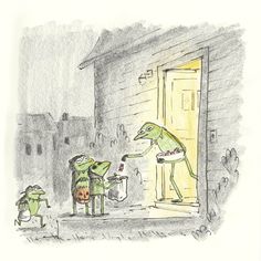 a drawing of two frogs standing in front of a door and another frog sitting on the ground