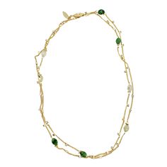 This long necklace is a captivating blend of elegance, sparkle, and natural beauty. It features a gold chain adorned with zircon stones, complemented by prehnite and green gemstone beads, creating an eye-catching and versatile accessory.  This long necklace is designed to be versatile, allowing you to express your individual style. You can wear it as a standalone piece or layer it with other necklaces for a trendy, stacked look.   This necklace represents a perfect balance of sophistication and nature-inspired charm, making it a versatile piece for any occasion. Let it become a cherished addition to your jewelry collection. This long necklace is a captivating blend of elegance, sparkle, and natural beauty. It features a gold chain adorned with zircon stones, complemented by prehnite and gr Gold Chain Beaded Necklace, Elegant Green Beaded Chain Necklace, Elegant Double Strand Long Necklace With Natural Stones, Luxury Green Stone Necklaces, Elegant Green Double Strand Jewelry, Elegant Green Long Necklace As Gift, Elegant Emerald Necklace With Beaded Chain, Luxury Green Necklaces With Natural Stones, Elegant Emerald Necklace With Beaded Chain For Gifts