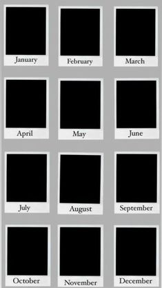 the months in black and white are arranged on a gray background, with small squares