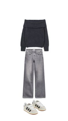 off shoulder sweater. adidas campus 00. zara high rise grey jeans . cool outfit idea. school outfit. uni/college outfit idea. Outfit Idea School, Adidas Campus 00, Outfit Uni, Grey Jeans Outfit, Outfit Campus, Grey Sweater Outfit, Outfit Zara