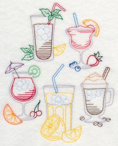 embroidered applique with cocktails and drinks on white linen background, closeup