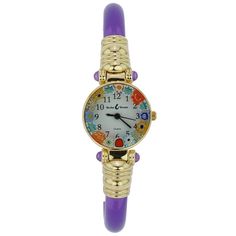 The beauty of Venice is just a glimpse away with our Murano Glass Bangle Watch. Combining the best of Venetian present and past, this unique timepiece showcases Murano's famous ancient craftsmanship in tune with today's fashion and contemporary Italian style. The high quality Italian workmanship is evident in every detail. The face of the watch is handcrafted using Millefiori glass-making technique (Millefiori means "a thousand flowers" in Italian). Tiny mosaic glass pieces with catchy designs a Multicolor Analog Watches As Gift, Multicolor Analog Watches For Gift, Gift Multicolor Analog Watches, Multicolor Round Watches As Gifts, Multicolor Round Watches For Gift, Multicolor Bracelet Strap Watch As Gift, Multicolor Watches With Bracelet Strap As Gift, Murano Glass Jewelry, Glass Making