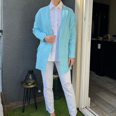 Perfect Summer Blazer In Sky Blue Color. Linen Blend Material. 2 Flap Pockets. Batwing Sleeves. Oversized Baggy Fit. Fully Lined. Measurements - Armpit To Armpit 23 Inches - Shoulder To Bottom 30 Inches Light Blue Long Sleeve Outerwear For Layering, Blue Outerwear With Relaxed Fit And Lapel Collar, Relaxed Fit Light Blue Long Sleeve Outerwear, Light Blue Relaxed Fit Outerwear With Long Sleeves, Blue Relaxed Fit Single Breasted Outerwear, Blue Single Breasted Relaxed Fit Outerwear, Relaxed Fit Single-breasted Blue Outerwear, Light Blue Single Breasted Long Sleeve Outerwear, Light Blue Single-breasted Long Sleeve Outerwear