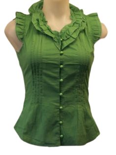 Runway Paris Green Short Sleeve Ruffled Pleated Button Down Blouse Green Ruffled Top For Office, Green Cotton Office Blouse, Green Cotton Blouse For The Office, Fitted Green Blouse With Button Closure, Paris Green, Vintage Button, Button Down Blouse, Green Shorts, Green Blouse