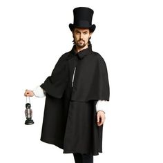 Feel like your living in the 1800's with this Victorian Cloak. This Inverness coat is all black and features a collar at the top. A piece of velcro holds the cloak together allowing the wearer to easily dress and undress. This cloak is perfect for those looking to complete a steampunk or Victorian era style costume. Size: XL/XXL. Inverness Coat, Victorian Cloak, Inverness Cape, Inverness, Cloak, Victorian Era, All Black, Cape, Collar