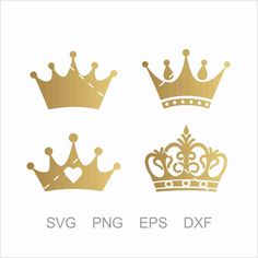 four gold crowns with hearts on them and the words svg png eps dxf