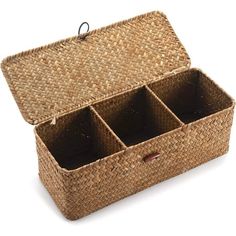 an empty wicker box with four compartments