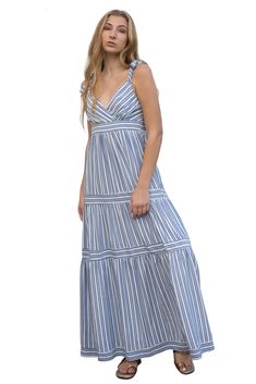 Striped Maxi Dress 100% Rayon V-Neck maxi dress with tie-knot strap Striped Maxi Dress, Striped Maxi, Dress With Tie, Maxi Dress Cotton, Striped Maxi Dresses, Tie Knots, Dress 100, Medium Blue, Latest Fashion Trends