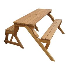 a wooden picnic table with two benches