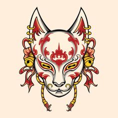 Kitsune Mask Design, Kitsune Mask Tattoo, Japanese Kitsune Mask, Japan Mask, Japanese Oni Mask