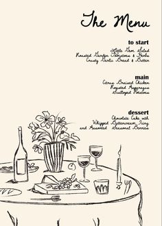 the menu for a restaurant with wine glasses and flowers on a round table, surrounded by other food items