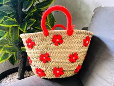 This bag is handwoven in the souks of Morocco, from a palm leaf. It is a "Slow Fashion" product representing everything that is eco, ethical and green. Even though this Spring & Summer season is all about straw 🤍 Small round wicker French basket, hand woven in Marrakesh by friends and family. Ideal small shopper or beach bag. Also a perfect bag or gift for a girl - great for school books etc. This braided bag is perfect anytime and everywhere, Especially in the summer and there are those who li Embroidered Rectangular Straw Bag For Vacation, Embroidered Natural Beach Bag For Vacation, Natural Embroidered Straw Bag For Daily Use, Embroidered Rectangular Natural Straw Bag, Traditional Summer Straw Bag As Gift, Red Straw Bag For Summer Market, Red Straw Bag For Summer, Traditional Woven Straw Bag For Vacation, Embroidered Natural Straw Bag For Beach