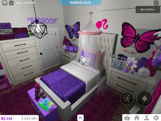 a bedroom is decorated in purple and white