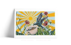 a card with an image of a bird flying over flowers and sunbursts