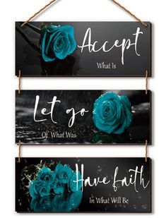 three black and white signs with blue roses hanging from the wall, one saying accept what is