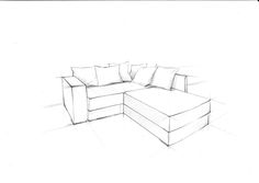 a drawing of a couch and ottoman with pillows on the bottom one side is drawn in pencil