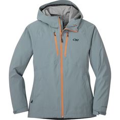 a women's outdoor jacket with an orange hood and zippers on the front