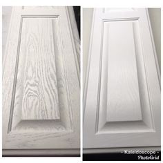 two pictures of white cabinets with wood grained doors and the bottom panel painted white