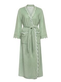 Mid-Weight sage green french terry classic robe with white scalloping. With just the right amount of stretch and no added bulk French Terry is the perfect robe for a cool evening at home. Designed with a classic fit for the perfect not too tailored nor too roomy look. Right in between my kimono (roomy) and tailored (fitted) styles. PRODUCT DETAILS 85% cotton and 15% polyester Fully Scalloped Attached belt Interior sash ties Front pockets Washer and dryer safe Made in India Cotton Robes, Terry Cloth Robe, Restless Sleepers, Terry Robe, Green French, Product Story, Pastel Fashion, Long Kimono, Sage Green