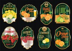 set of labels for orange juice with fruits and berries on black background, eps file