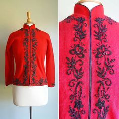 Ultra silky-soft, exotic 1950s cardigan features a structured mandarin collar; cherry-red angora; and heavy jet-black floral beading that vines around the wrists, hem, neck and front center. Fully lined in red nylon. Black piping finishes the edges. Wear it open, or fully closed, with a hidden front placket of hook-and-eye loops from neck to hem. Made in Hong Kong; excellent condition. Perfect to elevate everyday ensembles or for formal occasions. Just as striking with jeans or topping a dress. 1950s Cardigan, 1950s Sweater, Jacket Formal, 60s Floral, Angora Cardigan, Dress Cardigan, Afghan Throw Blanket, Lace Cardigan, Cardigan Sweater Dress