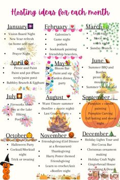 a poster with different types of pumpkins on it and the words hosting ideas for each month