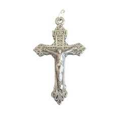 "This silver color Pardon Crucifix pendant has ornate decoration on the front and above the cruciform figure the sign \"JNRJ\" (Jesus of Nazareth, King of the Jews). On the back is the Sacred Heart of Jesus image with two inscriptions in French: \"Father, forgive them.\" and \"Behold this heart which has so loved men.\" Great as a pendant for a Catholic jewelry necklace, rosary crucifix or give as a gift. Made of oxidized silver base metal. Measures approx 1-7/8\" long (without the jump ring) x Catholic Jewelry Necklace, Father Forgive Them, Jesus Of Nazareth, The Sacred Heart Of Jesus, Catholic Necklace, The Sacred Heart, Sacred Heart Of Jesus, Catholic Jewelry, Catholic Rosary