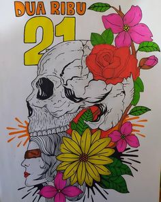 a drawing of a skull with flowers on it's head and the number 21