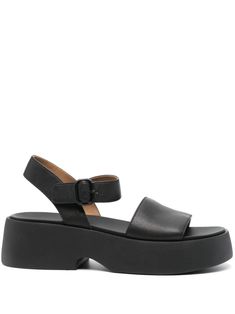 black leather smooth grain open toe buckle-fastening ankle strap branded leather insole 55mm mid stacked heel Black Platform Sandals, Stacked Heel, Platform Sandals, Black Sandals, Leather Sandals, Women's Shoes Sandals, Open Toe, Ankle Strap, Shoes Sandals