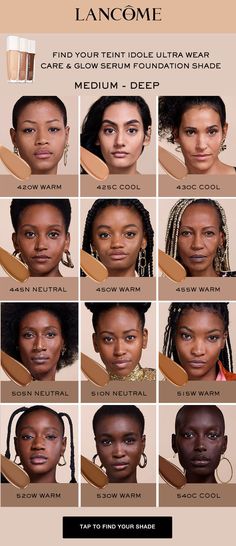 Lancôme Teint Idole Ultra Wear Care & Glow Foundation medium to deep skintones shade guide. Dark Skin Foundation, Find Your Foundation Shade, Hydrating Foundation, Airbrush Foundation, Makeup 101, Serum Foundation, Foundation Shade, Makeup For Black Skin, Brown Skin Makeup