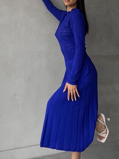 "Electric blue knitted midi dress with an openwork knitted top is delicate and feminine!  The dress is made of cotton and viscose blend yarn, pleasant to the touch and to the body, the pleated skirt adds flirtatiousness to the look, and the fitted waist makes the dress graceful.  You can choose our dress for various occasions, wedding guests, romantic dates, birthdays and other special occasions, as well as for a casual look for every day, office or study.   DETAILS - electric blue  - premium ya Blue Knitted Sweater Dress, Elegant Blue Ribbed Sweater Dress, Elegant Blue Midi Length Sweater Dress, Elegant Blue Midi Sweater Dress, Blue Midi Sweater Dress For Spring, Spring Midi Dress In Pointelle Knit, Blue Knit Midi Length Dresses, Blue Ribbed Midi Dress, Elegant Spring Sweater Dress In Pointelle Knit