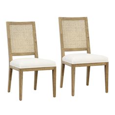 a pair of wooden chairs with white upholstered back and seat cushions on each side