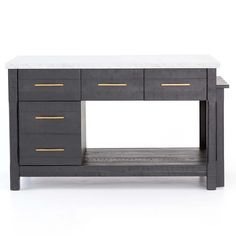 a black and white table with two drawers on one side and gold handles on the other