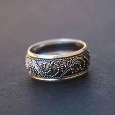 Filigree Sterling Silver Ring | Trendivine Vintage Sterling Silver Wide Band Jewelry, Elegant Sterling Silver Engraved Open Band Ring, Ornate Engraved Ring For Anniversary, Classic Wide Band Ring With Intricate Design, Anniversary Jewelry With Intricate Design And Wide Band, Ornate Etched Rings For Anniversary, Anniversary Engraved Sterling Silver Ring With Oxidized Finish, Vintage Oxidized Filigree Ring For Anniversary, Vintage Wide Band Jewelry With Intricate Design