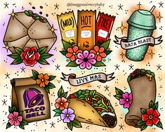 an assortment of tacos and burritos on a white background with floral designs