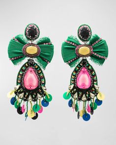 Ranjana Khan earrings Approx. 4.5" long Silk fabric and crystals Multicolor sequins Clip-on backs Lightweight Imported Sequin Jewelry, Spring Fashion Chic, Multicolor Sequins, Silk Bow, Earrings Inspiration, Silk Fabric, Crystal Earrings, Pink Yellow, Neiman Marcus