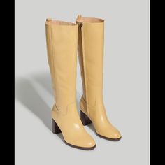 Madewell Tall Leather Boots In Pale Tan/Yellow In Extended Calf Size. Brand New, Unworn. Faint Natural Texture In Leather Throughout. See Photos For Further Item Details And Description. Yellow Leather Boots, Pale Tan, Tan Leather Boots, Yellow Boots, Tall Leather Boots, Madewell Shoes, Tall Boot, Knee High Leather Boots, Yellow Leather