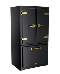 two black refrigerators with gold handles on them