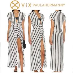 Paula Hermanny Stripe Perrine Sasha Cover Up Dress Black Women's Size Large Msrp: $ 248.00 Item Condition: New With Tag Brand: Vix Paula Hermanny Size: L Color: Black Striped Pattern Maxi Length Front Tie Closure 100% Viscose Hand Wash New With Tags Buy More Save More !!! Please Check Out My Closet And Follow Me:-) White Beachwear Dress With Tie Waist, White Open Front Daywear Dress, White Open Front Dress For Daywear, Open Front White Dress For Daywear, Chic White Open Front Dress, Chic Open Front Dress With Tie Waist, Elegant Open Front Beach Cover-up Dress, Chic Open Front Dress For Daywear, Kimono Swim Cover Up