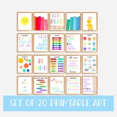 a set of 20 printable art cards with the words let's read and have fun